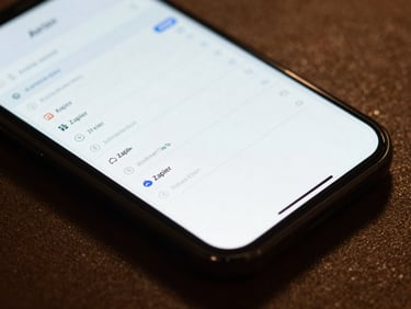 Macro focus on a smartphone screen displaying a clean Airtable database and Zapier integration paths, warm ambient lighting, dark background