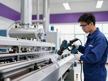 A technician in protective gear cleaning an industrial assembly line with specialized dry ice blasting equipment, cool lighting.