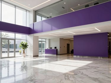 Wide shot of a pristine corporate lobby with polished marble floors reflecting bright window light, minimalist purple accents.
