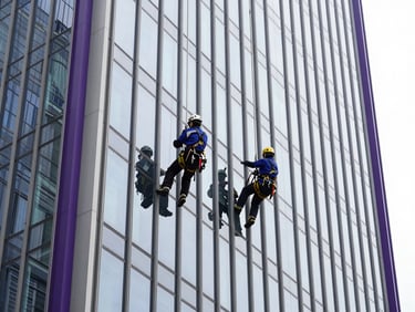 Professional window washers secured with industrial rigging and harnesses cleaning the glass facade of a modern skyscraper.