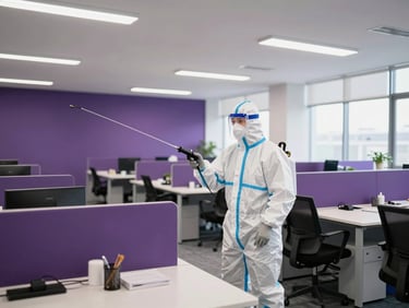 A specialist in a protective suit using an electrostatic sprayer to disinfect a large open-plan corporate workspace.