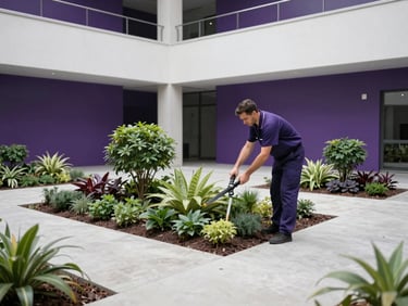 A landscape professional trimming ornamental plants in a clean, modern corporate courtyard with concrete pathways.
