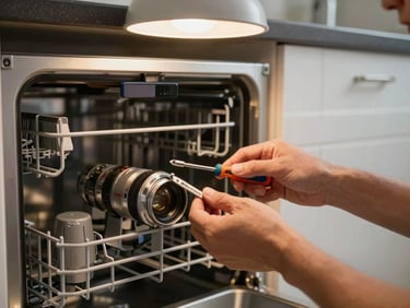 Technician's hands adjusting the spray arm of a Haceb dishwasher with a flathead screwdriver, warm tungsten kitchen light overhead, tile backsplash visible in background