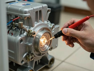 Extreme close-up of a Haceb refrigerator compressor unit, technician's hand holding a diagnostic probe against the terminal, warm tungsten work light, real kitchen floor visible, documentary framing