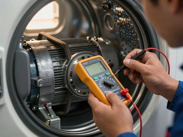 Close-up of a Haceb washing machine motor and belt assembly, technician's hands mid-inspection with a multimeter probe, warm window light from a Bogotá laundry room, tight technical framing