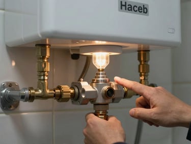 Close-up of a Haceb gas water heater pilot assembly, technician's finger pointing to the thermocouple under warm tungsten work light, real Bogotá bathroom wall in background