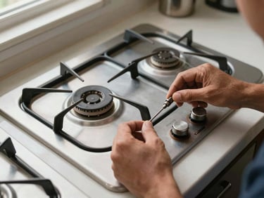Overhead shot of a Haceb gas stove burner disassembled on a tile counter, technician's hands holding an ignition electrode under north-window daylight in a real Bogotá kitchen