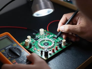Close-up of a Haceb appliance electronic control board illuminated by a technician's work light, multimeter leads attached, hands visible, dark background, documentary diagnostic moment