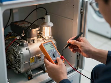 Technician's hands testing a Haceb refrigerator compressor with a multimeter probe, warm tungsten work light illuminating the back panel, real laundry room floor in background
