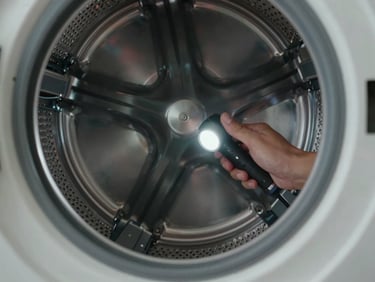 Close-up inside a Haceb washing machine drum, technician's hand inspecting the rubber door seal with a flashlight, north-window light from a Bogotá laundry room