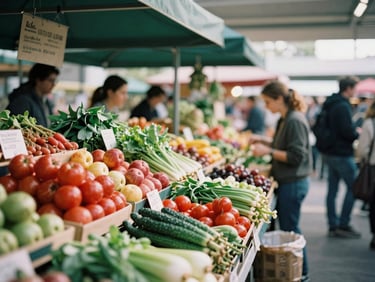 Vibrant modern food market, diverse fresh produce stalls, soft natural light, people browsing, rich crimson and forest green tones, shallow depth of field.