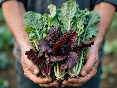 Farmer's hands holding freshly harvested organic vegetables, soil visible, soft natural light, warm editorial photography, rich green tones.