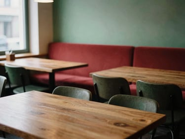 Cozy Scandinavian-style restaurant interior, soft daylight, empty wooden tables, warm editorial photography, rich crimson and forest green accents.