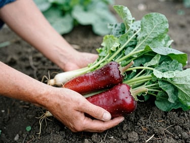 Farmer's hands gently holding freshly harvested organic vegetables in rich soil, soft natural daylight, shallow depth of field, 35mm film.