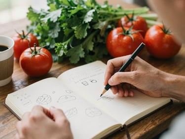Hands sketching content ideas on a notebook next to fresh produce and a coffee cup, soft natural daylight, warm editorial photography.
