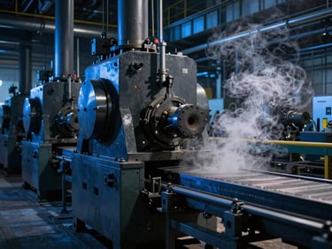 Wide cinematic shot of an active industrial production line, dark metallic machinery under dramatic blue lighting, steam rising from a conveyor belt on the right