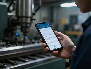 Dramatic industrial photography, close-up of a factory owner holding a smartphone with an active dashboard, blurred metalworking machinery in the background, sharp focus, moody lighting, 35mm lens