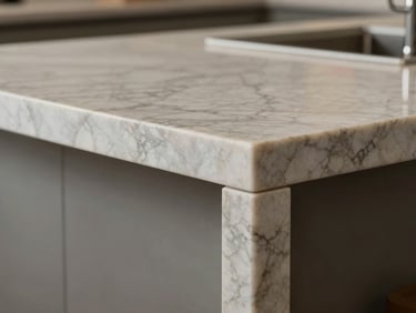 Close-up detail of a mitred stone edge on a honed marble kitchen island, soft side lighting highlighting the precise craftsmanship, luxury aesthetic