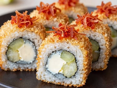 Golden crispy Fried Sushi roll sliced on a dark plate, visible cream cheese and katsuobushi