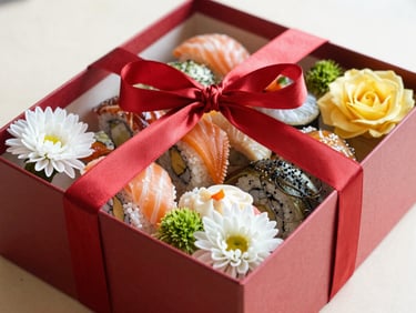 Exquisite custom sushi hampers decorated with Japanese knots and fresh flowers, premium gift box