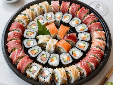 Overhead flat-lay of a large premium sushi platter with 30 assorted rolls, beautifully arranged for parties