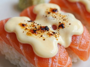 Close up of Salmon Mentai Sushi, creamy torched mentai sauce bubbling on top, rich red tones, macro lens