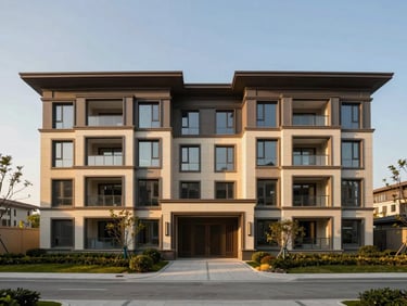 Wide exterior shot of a completed modern low-rise residential building, golden-hour light, warm facade tones, landscaped entrance visible, no people, sharp architectural lines