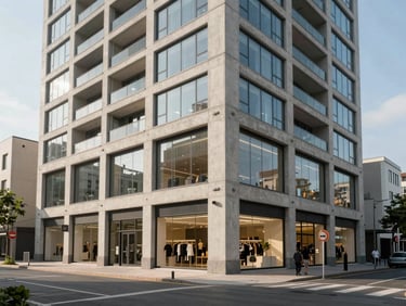 Wide exterior shot of a completed mixed-use building at soft midday light, ground floor retail occupied, upper floors residential, street-level human scale visible, clean concrete and glass facade