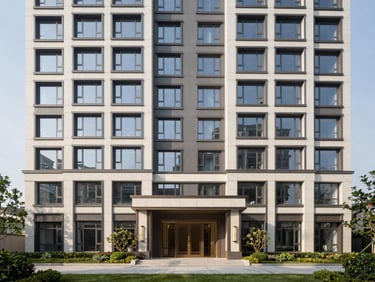 Architectural rendering replaced by a completed building exterior at soft midday light, clean facade with precise window detailing, landscaped entrance visible