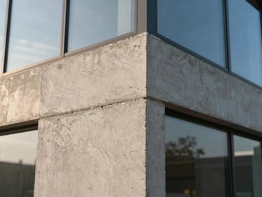 Close-up of high-quality building materials on a completed facade — exposed concrete panel beside glass curtain wall, precise joint detailing visible, golden hour sidelighting revealing surface texture