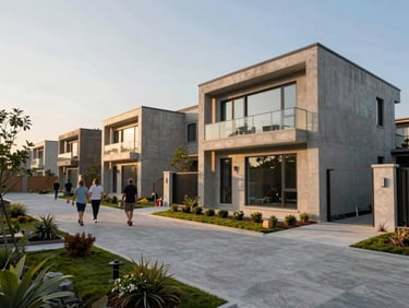 Wide exterior of a completed gated residential development, late afternoon golden light, landscaped courtyard with residents walking, architectural concrete and glass detail, low horizon with clear sky