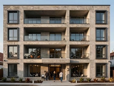 Exterior facade of a completed mid-rise residential building, warm afternoon light revealing concrete and glass materiality, street-level view with residents entering the lobby