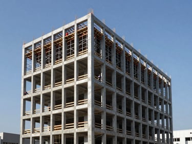 Modern commercial building under construction with structural frame visible, site signage present, blue sky background, workers active on scaffolding indicating active obra progress