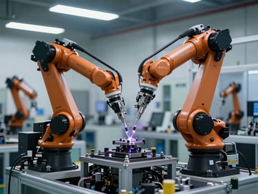 Advanced manufacturing floor with robotic arms and precision engineering equipment, cool directional lighting