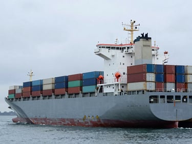 A massive cargo vessel docked at the Southampton container terminal under cool overcast daylight, industrial scale