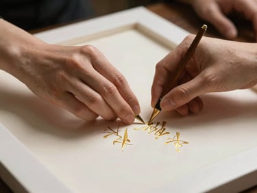 Hands carefully arranging delicate gold-leaf calligraphy inside a premium white-framed mahar display, soft warm studio lighting, macro focus on craftsmanship