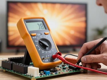 Macro close-up of a technician using a digital multimeter on a high-end LG television circuit board, warm glowing screen in background
