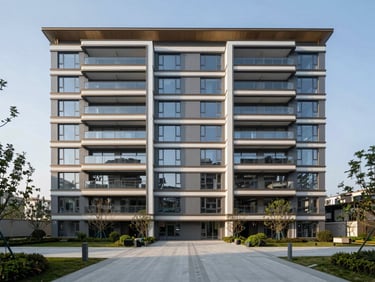 Wide daylight shot of a contemporary residential development facade, clean lines, floor-to-ceiling glazing, landscaped approach, morning light casting soft shadows across the elevation