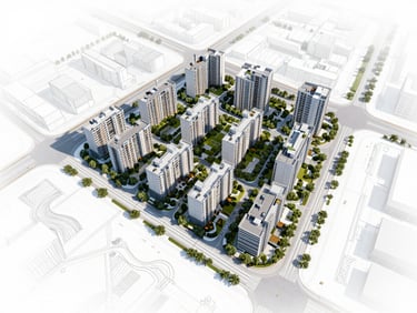 Overhead architectural rendering of a master-planned development site, clean site plan, daylight studio lighting, precise linework on a white ground, no people