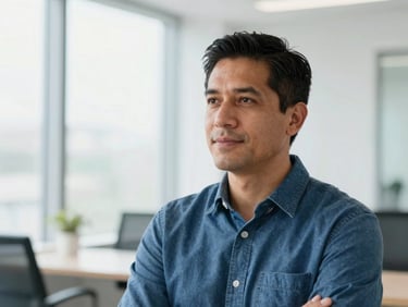 Professional headshot of a thoughtful Hispanic man, early-40s, in a modern, clean office setting, bright natural daylight, clean blue and white tones, shallow depth of field, 35mm.