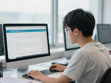 Primer plano de un estudiante concentrado frente a una pantalla de ordenador con un examen TOEFL simulado, con notas manuscritas al lado, bright editorial photography, natural window daylight, clean blue and white tones, shallow depth of field, 35mm.