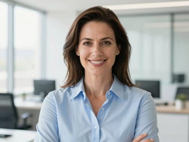 Professional headshot of a confident American woman, late-30s, smiling, in a modern, clean office setting, bright natural daylight, clean blue and white tones, shallow depth of field, 35mm.