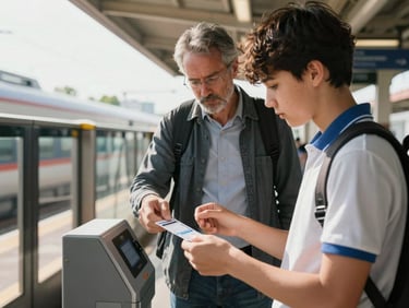 Eye-level shot of a student learning to purchase a transit ticket at a sunny outdoor train station, an educator standing supportively nearby