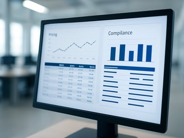 A close-up of a computer screen displaying pricing data and compliance reports, with a blurred background of a modern office environment, bright lighting.