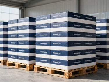 Pallets of neatly stacked, branded product boxes in a modern, clean warehouse, bathed in bright natural daylight, ready for shipment.