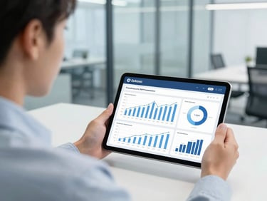 Over-the-shoulder shot of a business analyst looking at a clean, well-structured financial dashboard on a tablet, modern bright office with glass walls, natural light, cool blue tones.