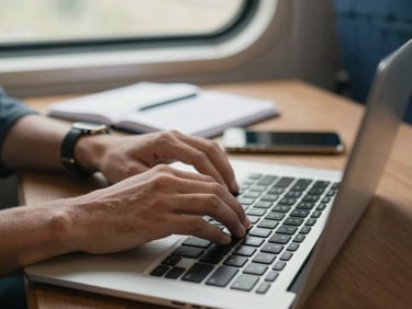 Close-up of hands on a keyboard in a modest digital learning space, natural afternoon light, a trainee's notebook and phone beside the laptop, shallow depth showing a real working environment
