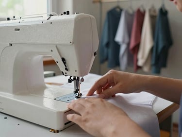 Close-up of hands guiding fabric through a sewing machine in a community tailoring workshop, daylight from a side window, finished garments hanging on a rail in the background