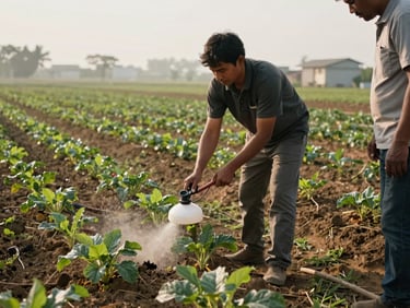 Wide shot of a trainee applying fertilizer on a smallholder plot at morning light, rows of crops visible, tools in hand, mentor observing at the field edge on the right