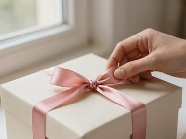 Close-up of hands delicately tying a dusty pink silk ribbon on a cream-colored textured gift box, soft warm natural window light, shallow depth of field, 35mm
